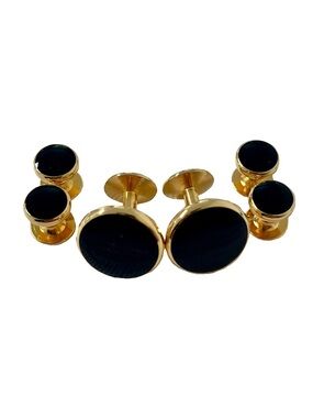 Goldtone Black Round Cufflinks and Tuxedo Buttons Set